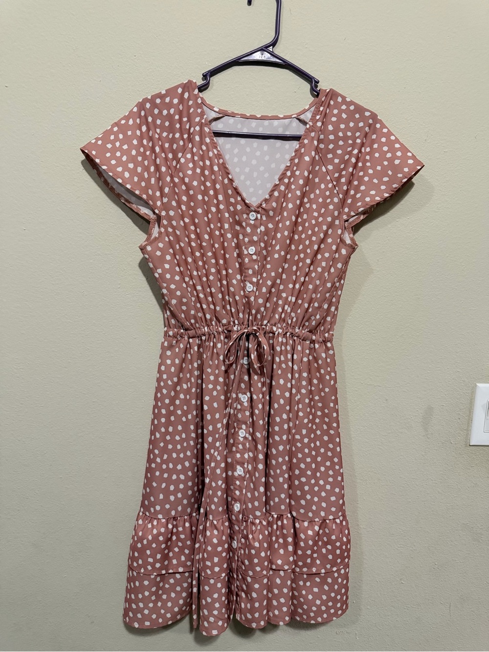 Mauve Polka Dot Button-Front Drawstring Dress